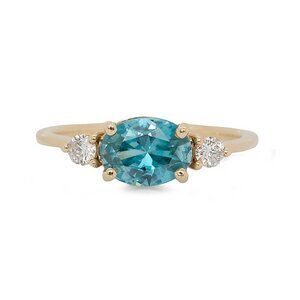 1.64cts Blue Zircon and Natural Diamonds Ring in Solid 14K Gold